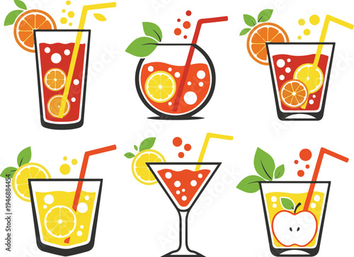 Vectoe art of vector illustration of colorful cocktails with straws and fruits