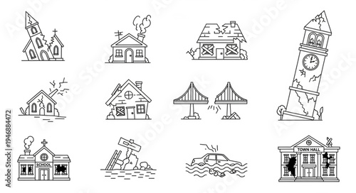 Collection of Damaged Buildings and Structures in Line Art Style.