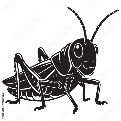 Monochrome Stylized Grasshopper Insect Illustration on White Background