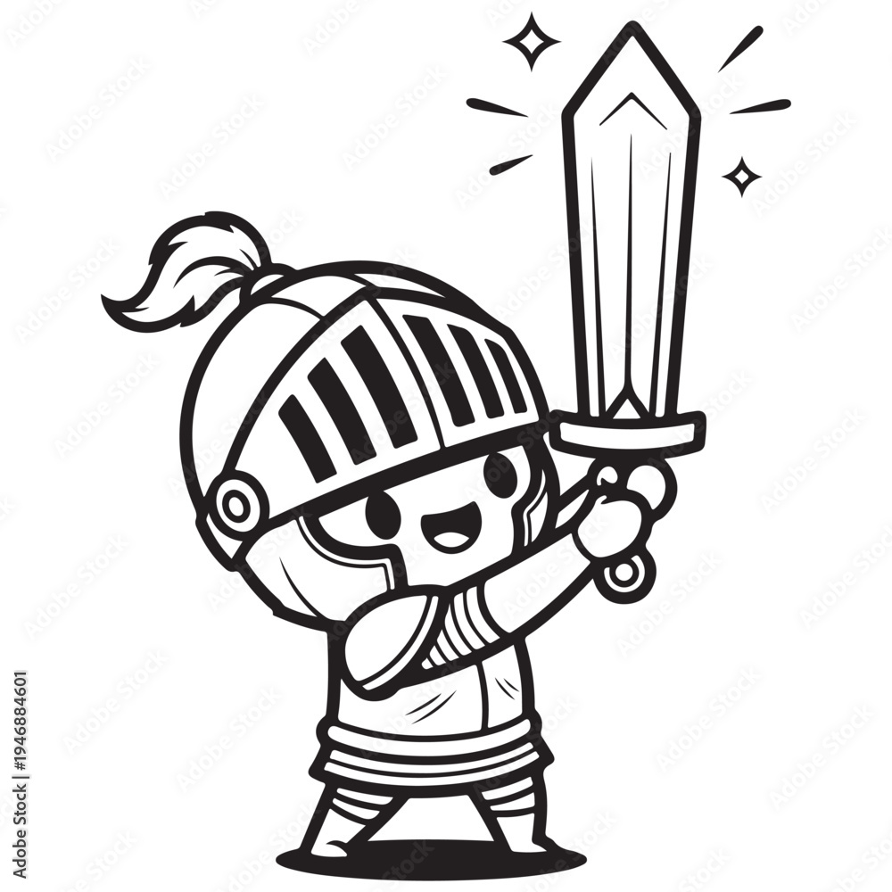 Obraz premium Cute Cartoon Knight Character Holding a Shining Sword Triumphantly