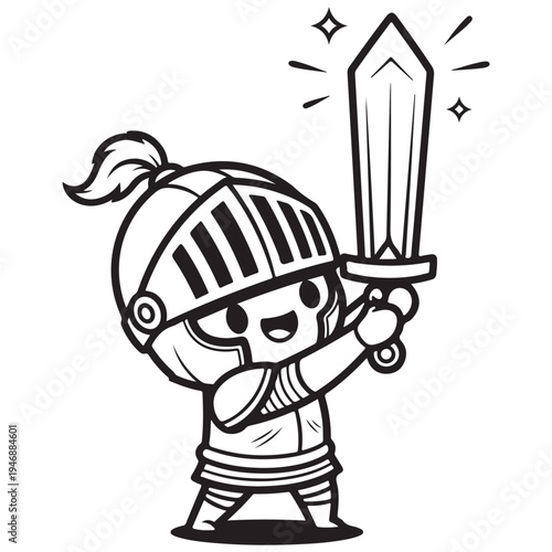 Cute Cartoon Knight Character Holding a Shining Sword Triumphantly