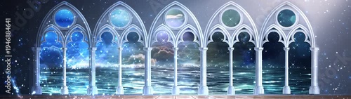 Luxury white gothic arches over calm sea with ethereal light and stars