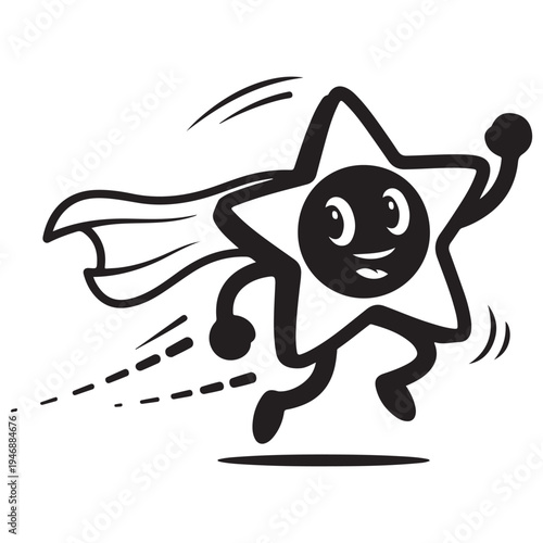 Happy Cartoon Star Character with Cape Flying in Dynamic Motion