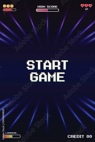 START GAME. Retro Futurism Sci-Fi Background. glowing neon grid and star from vintage arcade computer games