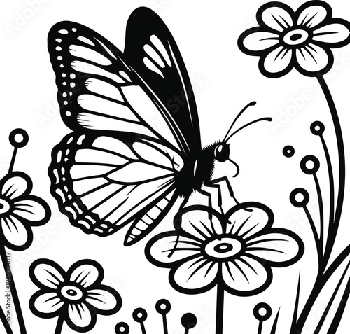 Butterflies and Flowers. Cartoon Butterfly on Flower, Black and White Line Art Illustration on white background
