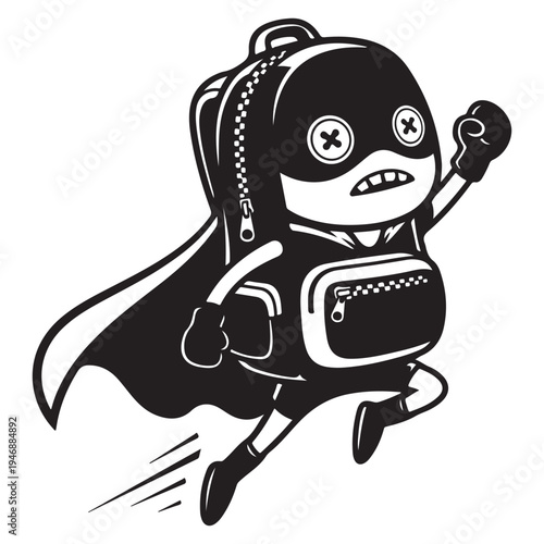 Dynamic Black and White Backpack Superhero Character Flying with Cape
