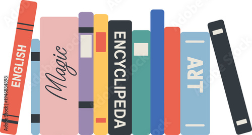 Colorful book spines with english magic encyclopedia and titles books