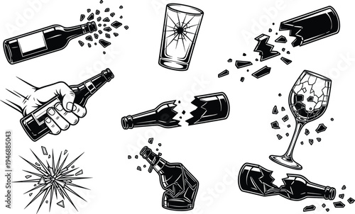 Broken glass bottle set, shattered beer bottle, cracked drinking glass, flying shards, impact explosion, hand holding bottle, danger concept vector