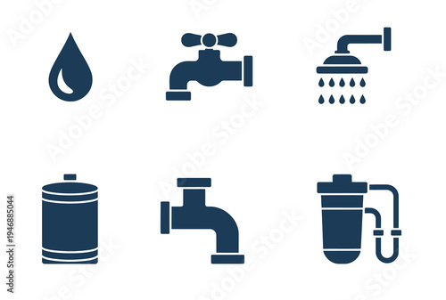 Plumbing icons set, featuring vector illustrations of pipes, faucets, wrenches, and water systems for home repair, construction, and maintenance design projects.