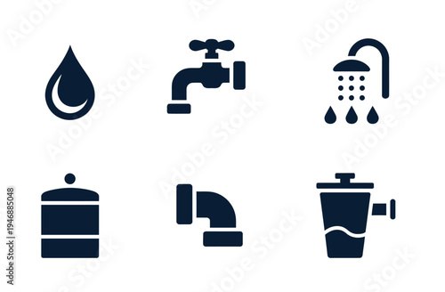 Plumbing icons vector set, showcasing pipes, valves, faucets, wrenches, and plumbing equipment for maintenance, repair, and building system graphics in clean vector format.