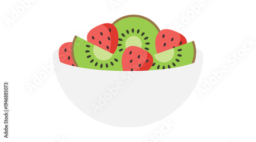 Bowl of sliced kiwis and strawberries on transparent background