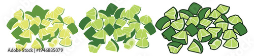 Three groups of chopped green limes on transparent background
