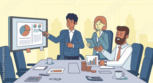 Business people discuss graphs and charts in a meeting room with colleagues