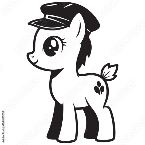 Stylized Black and White Illustration of a Happy Equine Character Wearing a Cap