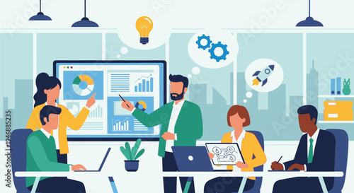 Business team discussing project on screen in modern office space