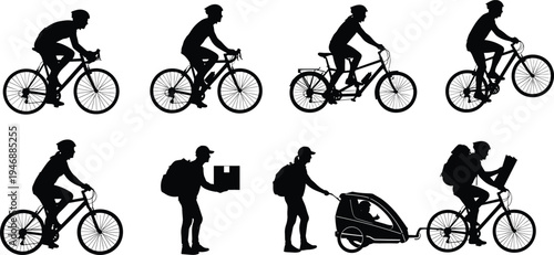 Cycling silhouettes of diverse riders, bicycles, and activities for sport, commuting, delivery, and family transport