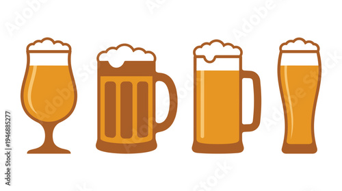 Set of four beer glasses and mugs with foam. Vector icons for bar menus, pubs, or brewery designs. Flat illustration style.
