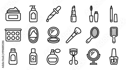 A comprehensive set of minimalist vector outline icons representing various beauty, makeup, and skincare products. Ideal for web, app, or print design, conveying elegance and modern style.