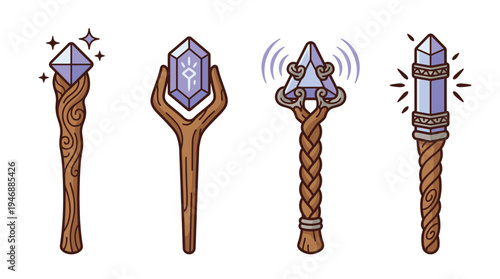 A vector collection of four fantasy magic staffs with glowing purple crystal gems. Cartoon style illustration set for RPG games, wizard concepts, and magical items design.