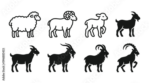 A minimalist icon set of farm animals. Features sheep, ram, lamb in line art, and goats in silhouette style. Perfect for agricultural, livestock, and butchery logos or symbols.
