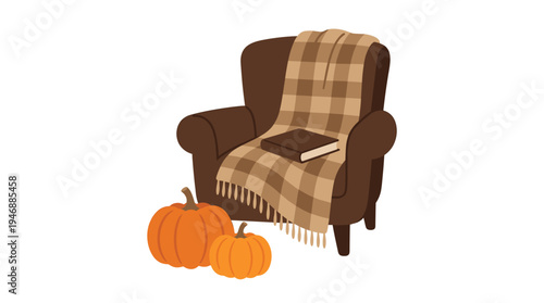 Cozy autumn illustration of a brown armchair with a plaid blanket, book, and pumpkins. A warm, hygge scene perfect for seasonal designs, reading, or home comfort concepts.