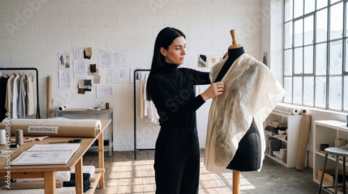 Fashion designer draping fabric on a mannequin in a studio. Woman working on a garment prototype. sustainable clothing creation process in a creative design workshop. Modern textile industry.