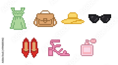 A collection of pixel art women's fashion icons. Includes a dress, bag, shoes, and summer accessories. Retro 8-bit style for game, web design, or fashion blog graphics.