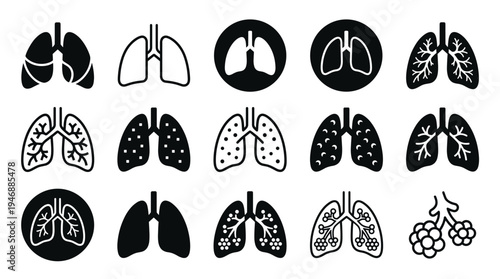 A set of black human lungs icons for medical and health concepts. Includes various vector styles for anatomy, breathing, disease, and pulmonology infographics or app design.