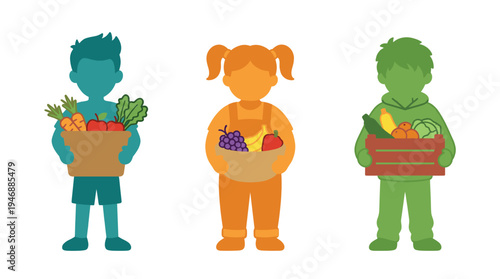 Vibrant vector illustration of diverse people holding baskets filled with fresh fruits and vegetables. Perfect for promoting healthy eating, organic produce, and sustainable living.