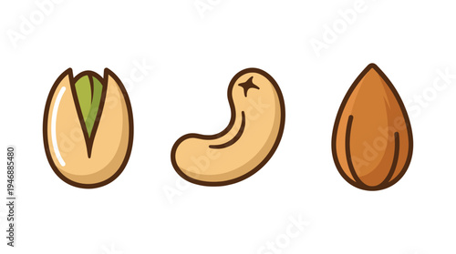 A collection of nut icons: pistachio, cashew, and almond. This flat vector illustration is perfect for food packaging, health blogs, or vegetarian and vegan diet designs.