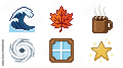 A set of 8-bit pixel art icons. Includes a wave, autumn leaf, hot coffee, storm, window, and star. Perfect for retro video games, app interfaces, or website design elements.