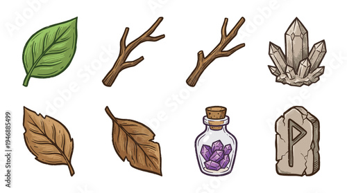 A set of illustrated witchcraft and nature icons for fantasy games or esoteric design. Includes magical crystals, leaves, a rune stone, and potion bottle. Vector art style.