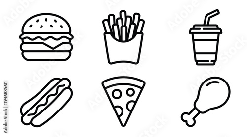 A collection of six fast food line icons. Includes a burger, fries, soda, hot dog, pizza, and chicken. Perfect for restaurant menus, food delivery apps, and websites.