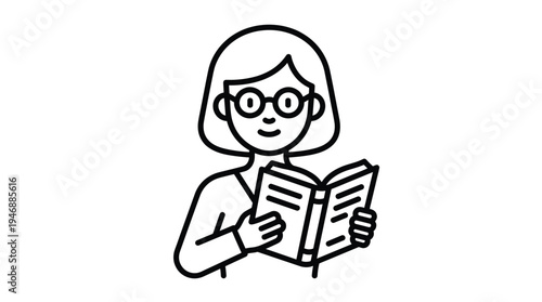A simple black and white line art vector icon of a smiling woman with glasses reading a book. Represents education, study, knowledge, literature. Ideal for web and app design.