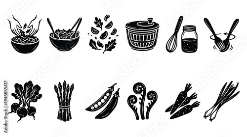 Salad preparation and fresh spring vegetable icons collection vector