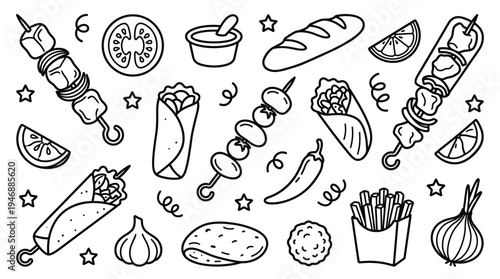A hand-drawn doodle set of street food icons. Features kebab, shawarma, and fresh ingredients. Ideal for restaurant menus, food branding, and promotional materials. Vector.