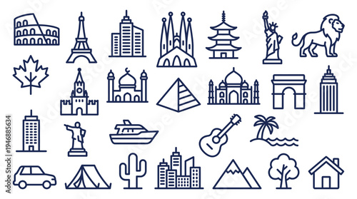Collection of minimalist world travel icons. Includes famous landmarks and vacation symbols. Ideal for tourism infographics, web design, and travel guides. Vector graphic set.