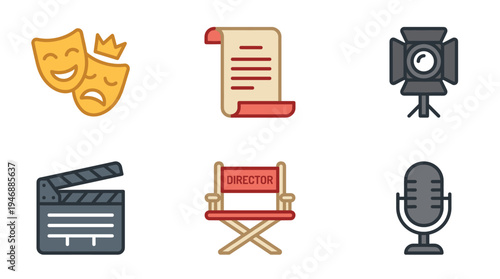 Colorful vector icon set for movie production and theater. Features masks, script, spotlight, and clapperboard. Ideal for entertainment and media design concepts.