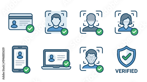 Modern vector icons illustrating digital identity verification, biometric scanning, secure profiles on cards, phones, and laptops. Ideal for technology, security, and authentication topics.