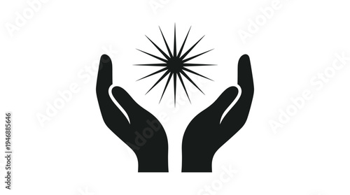 Black vector icon of cupped hands holding a radiating star, symbolizing care, energy, hope, protection. Ideal for spirituality, wellness, and environmental themes.