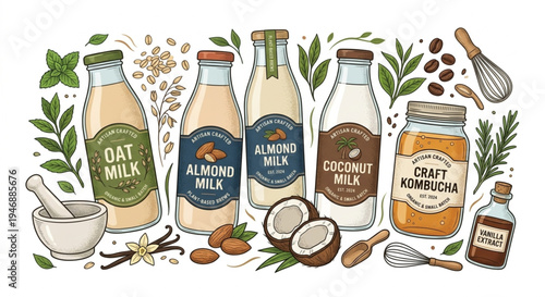 Organic plant-based milk and healthy beverage collection, oat milk, almond milk, and coconut milk in glass bottles vector