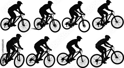 Cyclist silhouettes riding bicycle sports training motion, fitness lifestyle