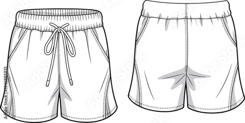 Technical Flat Sketch of Men's Casual Shorts Featuring Elastic Ribbed Waistband with Drawstring and Side Pockets for Fashion Design Tech Pack TemplatesArt & Illustration