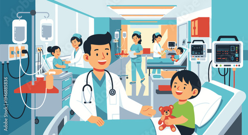 Doctor interacting with a smiling child in a hospital room with medical equipment and staff