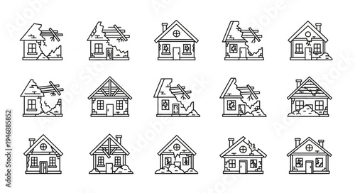 Collection of Damaged and Intact House Illustrations.