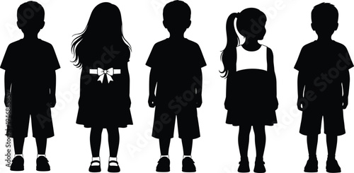 Set of Black and White Vector Silhouettes Featuring a Group of Boys and Girls Standing in a Row for Childhood and Education Concepts (22 words)