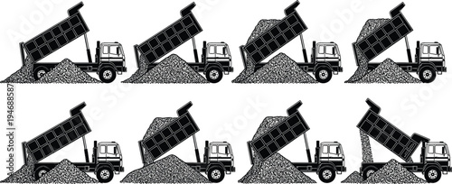 Set of Black and White Vector Illustrations of Dump Trucks Unloading Sand and Gravel in Various Stages for Construction and Industrial Design (22 words)