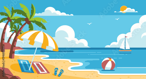 A serene beach scene with palm trees, umbrella, and sailboats floating on the calm ocean water under a sunny sky.