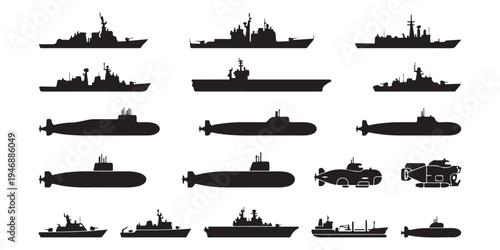 Collection of Military Ship and Submarine Silhouettes for Naval Design