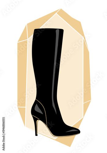 One elegant knee-high boot in sleek black. The partial background features a warm cream geometric crystal for a touch of sophistication.